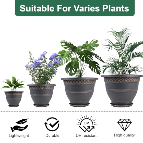 Usocik 8 Inch Plaid Plant Pots 6 Pack with Drainage and Saucers Gold | Gold plaid PP pots with drainage holes and saucers for herbs succulents starter plants shelves windowsills - color: Gold, size: 8 Inches-6 packs