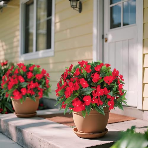 Ouddy Decor 6 Bundles Artificial Impatiens Flowers for Outdoors Decoration, Silk Flowers Bouquet Fake Plants UV Resistant for Spring Summer Garden Porch Window Box Balcony Home Decor, Red - color: Red