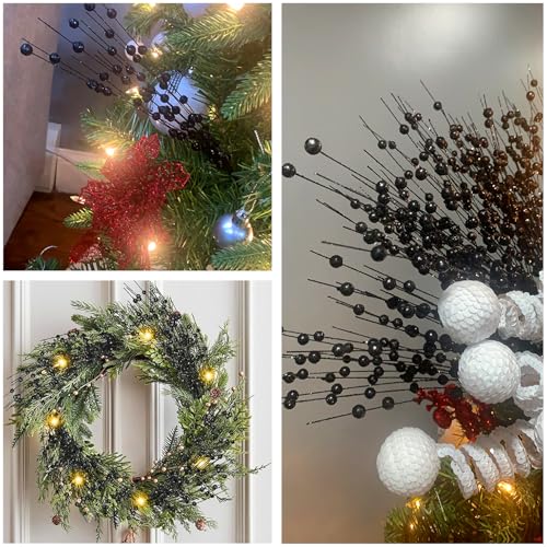 CATTREE Artificial Glitter Berry Stem Decorative, Fake Glitter Sticks Bead Pick Stems for Halloween Christmas Glittery Twigs Xmas Tree Wreath Crafts Vase Filler Home DIY Decor - 17 Inch Black 10 Pack - color: Glitter Berry Sticks - Black 10 Pack