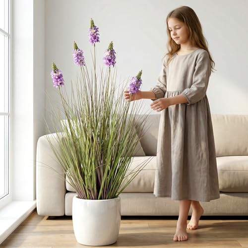 Artificial Plants Indoor Tall Grass Plants with Lilac Flower 35.4In Tall Artificial Ornamental Grass Green Onions Outdoor Fake Plants with Black Pot Home Office Decorative (1 Pack,Purple) - color: 0.9m Purple1