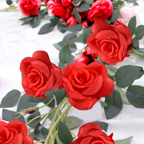 Flower Garland Rose Vine 4Pcs 28FT Artificial Floral Garland with Green Leaves Hanging Rose Vine for Wedding Party Garden Home Wall Decor (Red) - color: Red