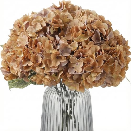 2Bouquets Artificial Fake Flowers Plants Silk Hydrangea Arrangements Wedding Bouquets Decorations Plastic Floral Home Kitchen Garden Party Festival Bar DIY(Brown Yellow) - color: Brown Yellow