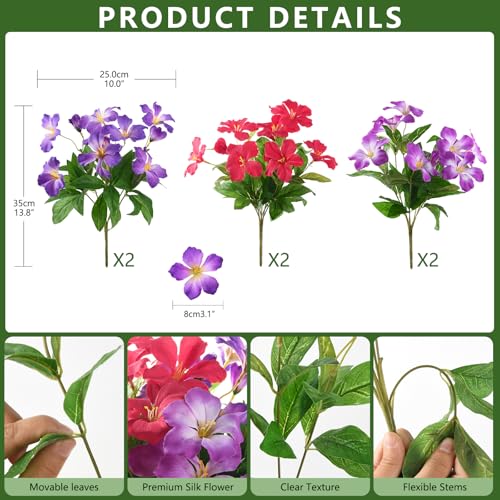 Homsunny Artificial Flowers for Outdoor, Fake Silk Flowers UV Resistant, Realistic Faux Plants Flowers for Front Door Porch Planter Patio Yard Garden Spring Decor - color: Deep Purple+ Light Purple+red