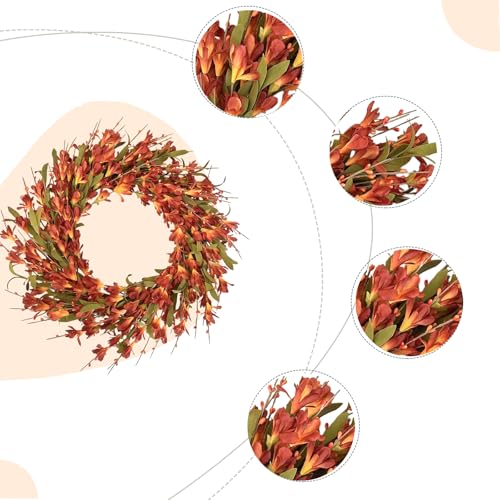 22inch Artificial Forsythia Flower Wreath Spring Summer Fall Wreath Silk Leaves Decoration for Front Door Porch Farmhouse Patio Garden Home Decor (Orange) - color: Orange