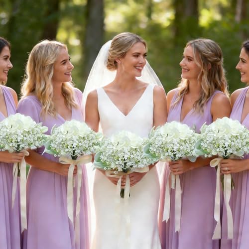 Artificial Bridesmaid Bouquets Set of 6 - Ivory White 9 Inch Flower Bouquet for Wedding Party Ceremony Anniversary Dinning Table Centerpieces Decor Faux (Hydrangea & Babys Breath & Ribbon) - color: Hydrangea