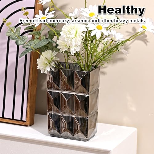 Gray Crystal Flower Vase Heavyweight Smoked Glass Centerpiece Modern Dark Vases for Living Room Industrial Home Decor Spotless Finish 5.1x3.11x7.88 in 1 Pc - color: Clear Gray