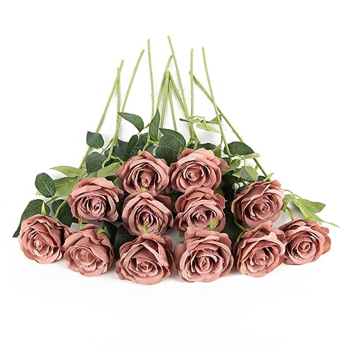 Laelfe Artificial Flowers Dusty Pink Roses Fake Silk Flower Long Stem Artificial Roses for Home Wendding Bathroom Party Decorations - color: Dusty Pink