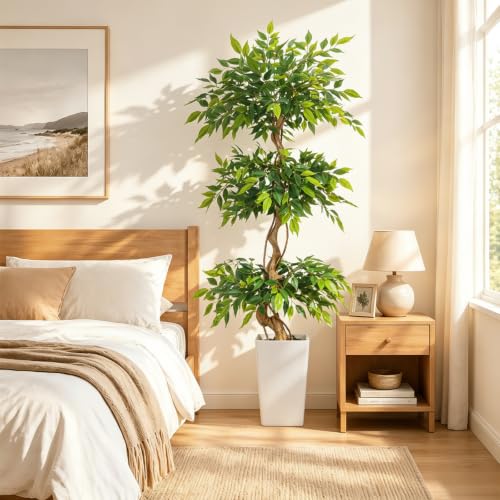 GTIDEA 6FT Ficus Artificial Tree in Tall Decorative Planter, 72 ''Tall Faux Ficus Tree with Realistic Green Leaves and Natural Trunk, Large Fake Indoor Plant for Living Room, Office, Home Corner Decor - color: 6ft Ficus Tree (With Vase)