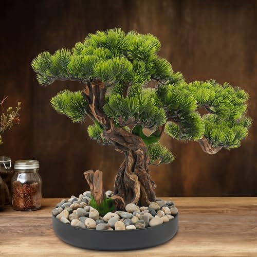 17.7 Inches Artificial Bonsai Tree Desktop Artificial Bonsai Pine Tree Indoor Fake Plants Decor with Metal Pots for Home Table Office Living Room Bedroom Desk Decorations, Green & Brown