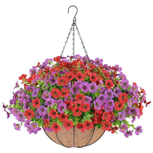 AGIRL Artificial Hanging Flowers with Baskets for Outdoors,UV Resistant Fake Hanging Plants for Outdoor Porch Patio Garden, Realistic Silk Flowers for Spring Summer Home Decor(Red Purple) - color: Red Purple, size: 1PCS