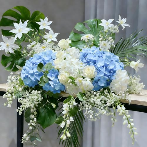 Hydrangea Artificial Flowers, 40 Pcs White And Blue Hydrangea Artificial Flowers Bulk, Faux Hydrangea Flowers for Outdoor, Fake Silk Ivory Hydrangea Flowers with Stems for Wedding Decoration Decor - color: White Blue, size: 40 Pcs