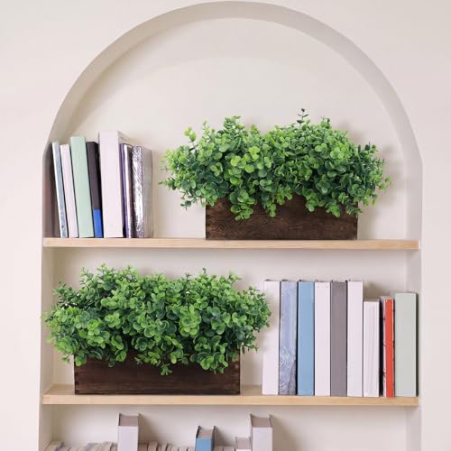 Lyrow 2 Pack Artificial Eucalyptus Plant in Rustic Rectangular Wooden Planter Box Greenery Faux Potted Herb Plant for Indoor Wedding Table Centerpiece(Emerald,11.4 x 3.7 x 7.8 Inches,Stylish Style) - color: Brown, size: 11.4 Inch, style: Emerald Green Rou