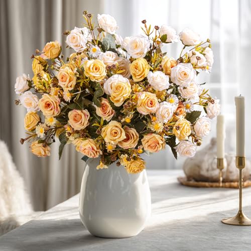 Artificial Rose Flowers for Outdoor 4 Bundles Rose Bouquet with Daisy Faux Flowers UV Resistant for Home Indoor Outside Garden Porch Window Box Balcony Yard Porch Fall Decor (White+Yellow) - color: White+yellow