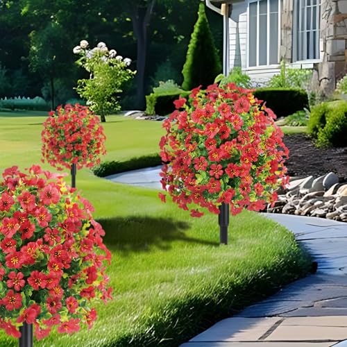 23" Set of 2 Spring Artificial Boxwood Topiary Ball Tree with Spikes,UV Resistant Fake Outdoor shrubs with Violet Flowers, Realistic Faux Plants Bushes for Garden Front Porch Yard Patio (Red)