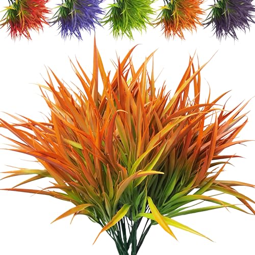 Outdoor Artificial Plants 8 Bundles Fake Plants Grass UV Resistant Fake Flowers Bush Greenery,17Inch Tall Faux Grass Shrubs for Home Porch Pathway Garden Décor Outside Indoor (Orange) - color: Orange