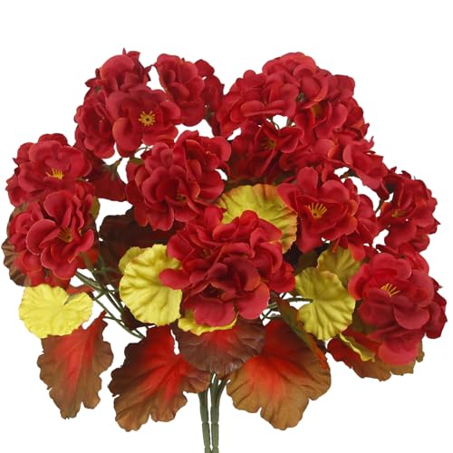CISDUEO 2 Pcs Fall Flowers Artificial for Decoration Fake Geraniums Red Faux Mums for Outdoor Planters Realistic Faux Fall Flowers Plants for Front Door Porch Autumn Garden Patio Balcony Yard Indoor - color: Fall - Red