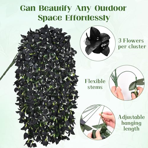 8 Pcs Artificial Flowers for Outdoors, Black Realistic Faux Silk Bougainvillea Flowers, Fake Hanging Plants for Porch Patio Balcony Decoration (Black) - color: Black, size: 8 Pcs