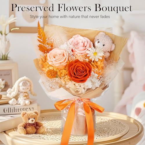 Preserved Flowers Bouquet with Bear, 3 Real Forever Flowers for Delivery, Long-Lasting Orange Eteranl Roses Bouquet, Anniversary Birthday Gifts for Women Mom Her Girlfriend Wife - color: Orange
