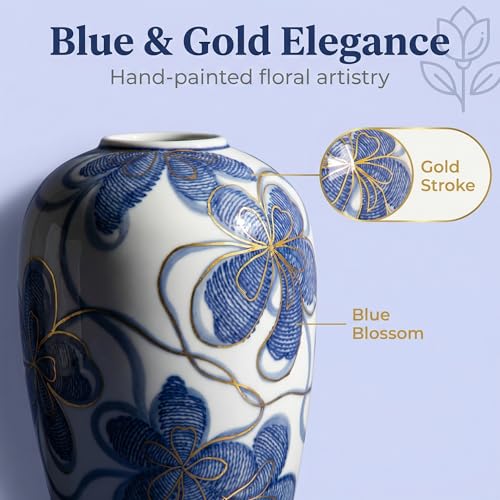 Blue and White Ceramic Vase for Home Decor – Hand-Painted Porcelain Flower Vase with Gold Accents – Chinoiserie-Inspired Home Decor Vases – 9" for Table, Shelf, or Mantel - size: 9"