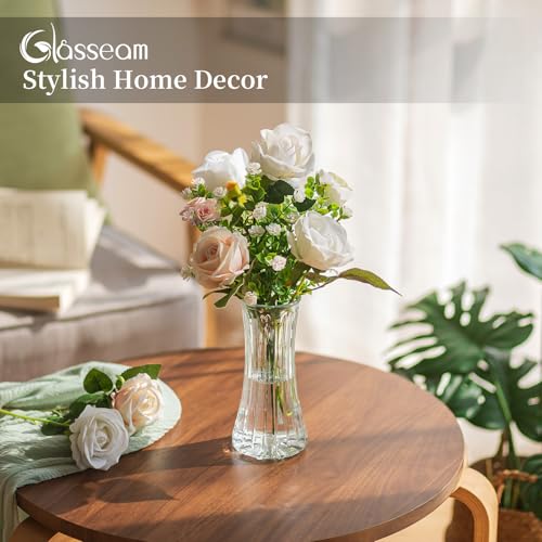 Glasseam Glass Vase for Home Decor: Clear Flower Vases for Living Room Kitchen Bathroom Wedding Table Centerpieces - 7.5" Tall Modern Vintage Decorations for Bouquet Pampas Grass Lego Flowers