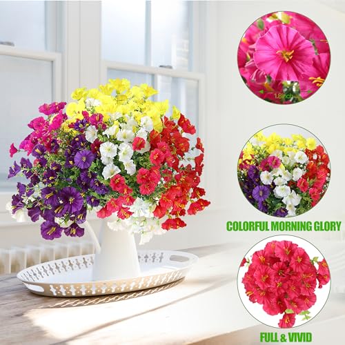 Artificial Flowers for Outdoors 12 Bundles Realistic Faux Plants UV Resistant Fake Silk Morning Glory with Eucalyptus for Front Door Planter Patio Porch Spring Summer Decoration (6 Mixed Color) - color: Mixed 6 Color