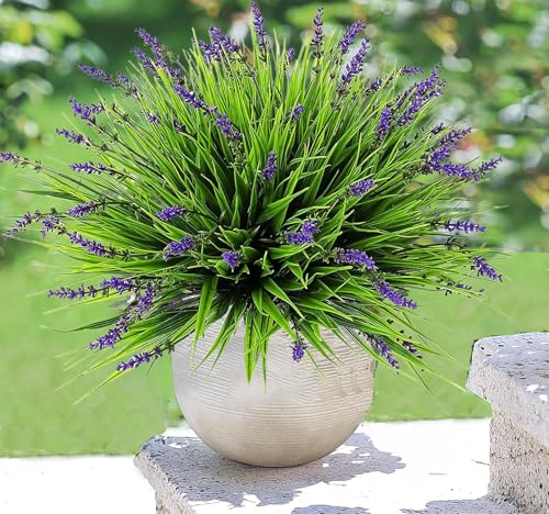 Artificial Faux Plants Flowers for Outdoor Decorations,Faux Plastic Fake Monkey Grass Greenery for Spring Summer UV Resistant Artificial Shrubs for Courtyard Window Garden (B-Purple, 12 PCS) - color: B-purple
