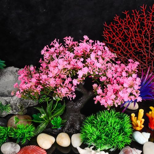 PartyKindom Artificial Aquarium Plants Realistic Fish Tank Decorations Set for Turtle Tanks Plastic Aquarium Decor with Soft Swaying Water Plants 11.41X9.44X4.33 in Underwater Landscape