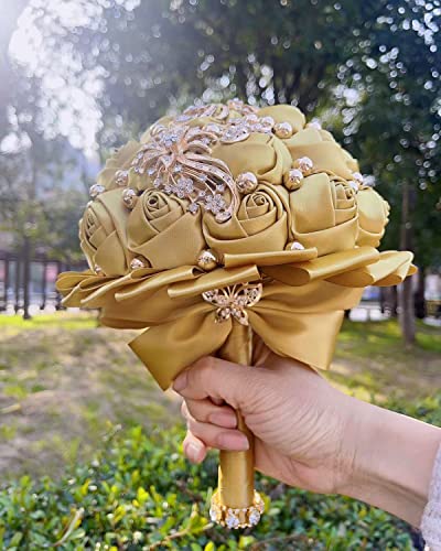 A Bunch Golden Bridal Wedding Bouquet Satin Rose Bouquet with Ribbon Diamond W306-20 Light Golden - color: Light Golden