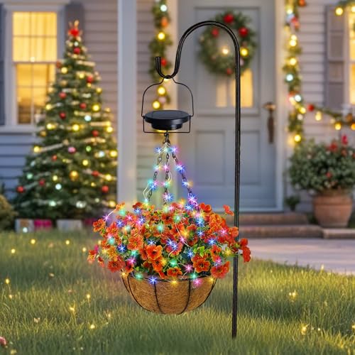 Solar Artificial Hanging Basket: Lighted Fake Flower Basket with Colorful Lights 2 Lighting Modes for Porch - 10 Inch Light Up Fall Hanging Baskets with Orange Faux Flowers for Garden Patio House - size: 10inch, style: round - orange