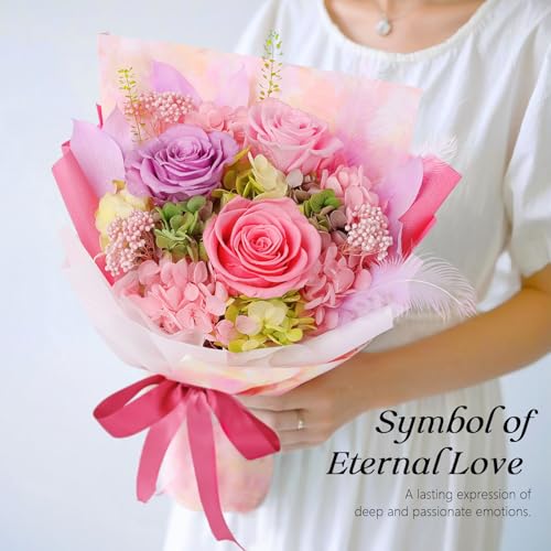 Preserved Flowers Bouquet 3 Roses - Pink Real Rose & Flowers for Delivery, Eternal Roses Bouquet with Gift Box, Anniversary Birthday Valentine Gifts for Women Mom Grandma Her Wife Girlfriend - color: Pink
