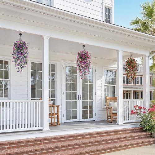 QCQHDU Artificial Hanging Flowers for Outdoors,2Pcs Fake Hanging Plants 29.5 Inch Long for Spring Summer Decoration,UV Resistant Faux Flowers for Patio Porch Garden Yard Decor, Light Purple Red - color: Light Purple Red