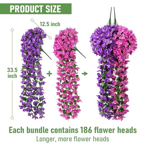 ATTGREAT Artificial Bougainvillea for Outdoors Faux Plants UV Resistant Flowers Fake Plastic Plants Realistic Silk Flowers for Porch Planter Garden Hanging Decoration, 2Pcs (Purple & Purple Red) - color: Purple & Purple Red