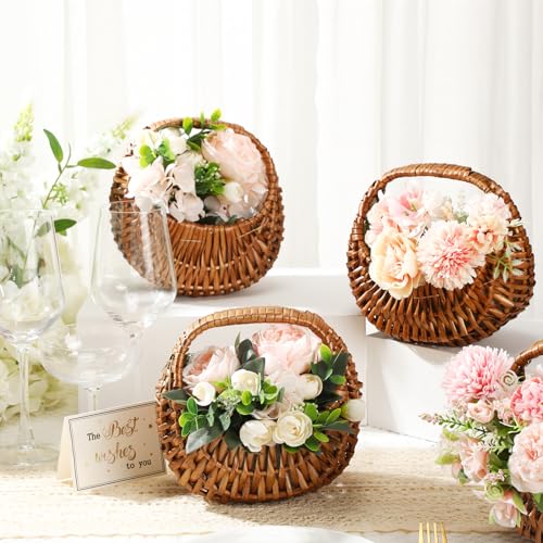 Hushee 6 Pcs Flower Girl Basket Small Wicker Basket with Handle and Waterproof Lining 6.7 x 6.5 x 4.3 Inch Rattan Tiny Baskets for Wedding Flowers Sweets Gifts Picnic Storage Home Decor