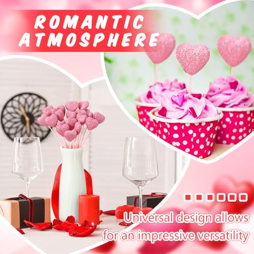 ZCYSRLQIN 12 Pcs Valentine's Day Glitter Foam Hearts Sticks Foam Heart Picks Sparkly Hearts Stems Puffy Heart Wooden Picks for Valentine Wedding Decorations Flower Arrangements Crafts (Pink) - color: Pink, size: 12 Pcs
