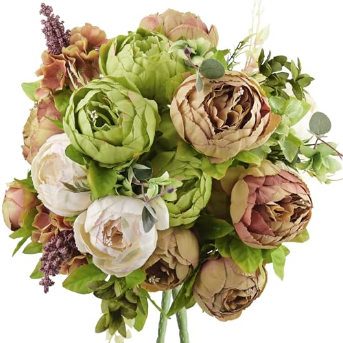 FiveSeasonStuff Rustic Brown, Beige & Green Artificial Peony Bouquets, 2 Silk Flower Bundles with Hydrangeas for Wedding & Dining Table Centerpieces, Living Room & Home Decor - color: Country Rustic (Beige, Green & Brown)
