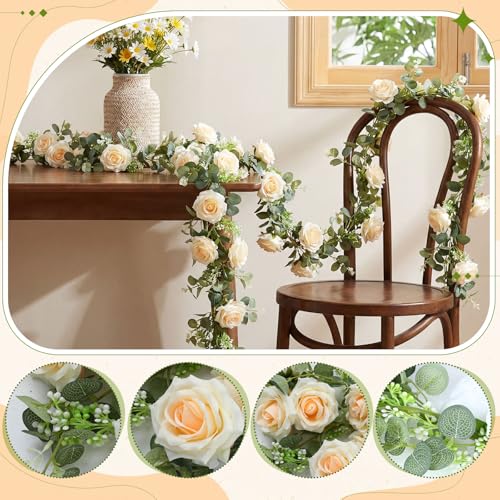 Riceshoot 6 Pcs 26 ft Artificial Eucalyptus Vines Garland with Flowers Faux Floral Greenery Garlands Rose Wreath for Wedding Party Arch Table Decor Backdrop Decorations (Champagne) - color: Champagne