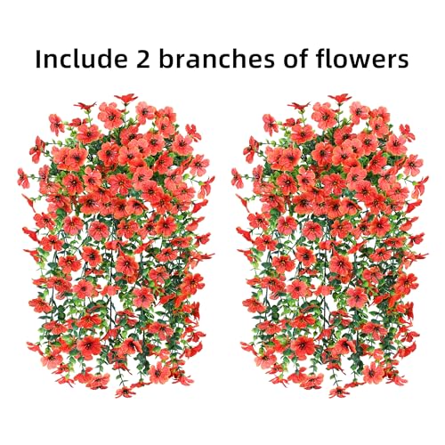 HyeFlora Artificial Fall Flowers for Outdoors Fake Hanging Decoration, 2Pcs Orange Daisy with Autumn Leaves, Realistic Plants Decor, UV & Fading Resistant Silk Flower for Porch Patio Balcony - color: Orange