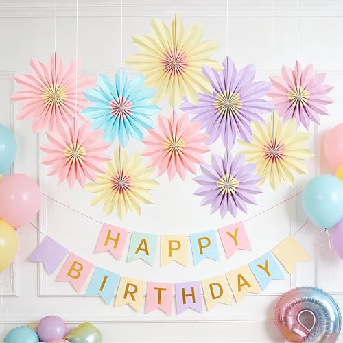 PAPER JAZZ Sunflower Party Decorations Pastel Paper Fans Party Decor Summer Beige Spring Decoration, Blue Pink Hanging Purple Flower Garland Sunflower Wall Decorations for Tea,Garden,Fairy Party. - color: Colorful