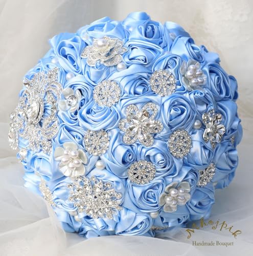 Bridal Wedding Bouquet Round Bling Brooch Bouquet Artificial Rose Flower Bunch for Bride Bridesmaid Wedding Quinceanera(Light Blue, 9.8") - color: Light Blue*, size: Large (Dia. 9.8"/25cm)