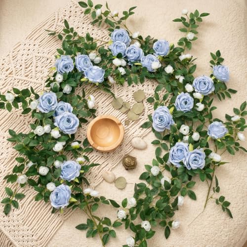 2 PCS 12FT Bendable Flower Garland, Artificial Rose Vine Hanging Floral Garland Decoration for Weding Home Room Wall Decor (Blue, 2pcs) - color: Blue, size: 2pcs