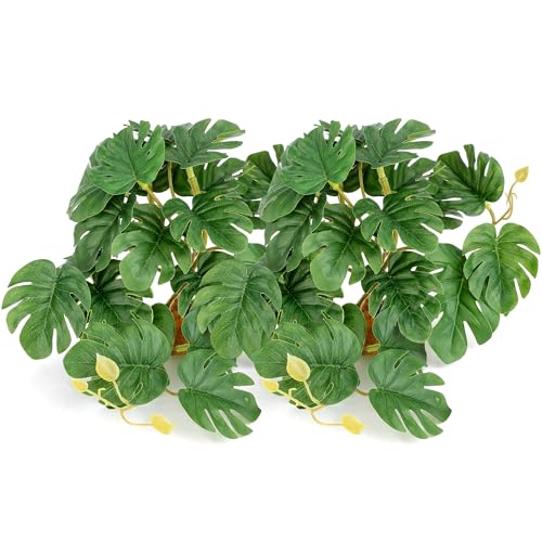 2Pcs Reptile Plants for Terrarium, Amphibian Habitat Decor Plant, Snake Tank Accessories, Artificial Plants for Gecko Lizard Chameleon Tortoise with Base - Fake Monstera - color: 2pcs Fake Monstera