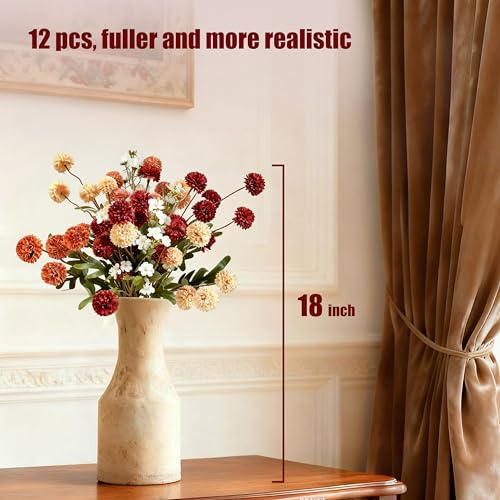 12pcs Fall Flowers, Burnt Orange Artificial Flowers Kiku 10 Stems with 2 Wax Flowers, Fake Silk Mums for Vase, Autumn Floral Centerpiece Decor,Mother's Day - color: Mixed Orange