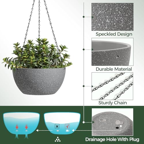 T4U 8 Inch Hanging Planters for Indoor Plants, 2 Pack Hanging Planter, Hanging Plant Pots with Drainage Holes and Chain, Hanging Basket Pots for Garden Home Porch Decor,Grey - color: Gray, size: 8 In