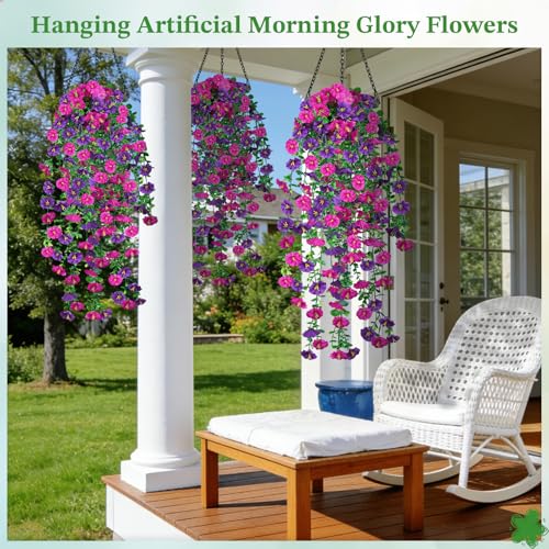 Artificial Hanging Flowers for Outdoors, 6Pcs UV Resistant Morning Glory Vines Fake Flowers with Eucalyptus, Realistic Silk Faux Hanging Plants Decor for Outside Planter Porch Patio (Purple Red) - color: Purple Red