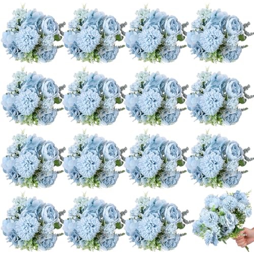 Lyrow 16 Pcs Peony Artificial Flowers Fake Silk Hydrangea Bouquet Elegant Peony Flowers for Wedding Decoration Faux Realistic Floral for Home Party Table Centerpieces Arrangement (Blue) - color: Blue