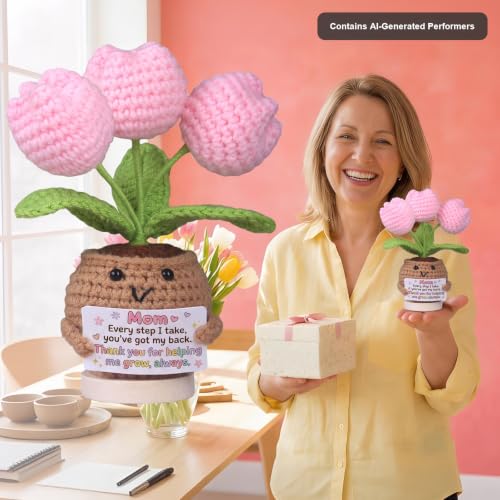 for Mom from Daughter Son - Handmade Crochet Tulip Bouquet in Smiling Flower Pot, 3 Pink Tulip Flowers with Thank You Mom Card, Potted Plant Gift for Grandma Wife Sister, Desk Decor - color: Thank You Mom