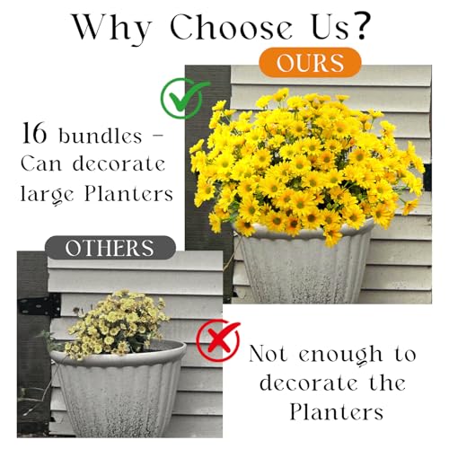16 Bundles Silk Daisy Artificial Flowers for Outdoors UV Resistant Fake Daisies Plastic Plants Flower for Home Outside Front Door Porch Garden Patio Planters Decoration (Yellow) - color: Yellow