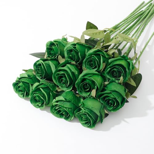 12Pcs Realistic Fake Roses Faux Flowers with Long Stems, Artificial Silk Rose Flowers for Valentines Day Home Wedding Decor Bridal Bouquet (Green) - color: Green