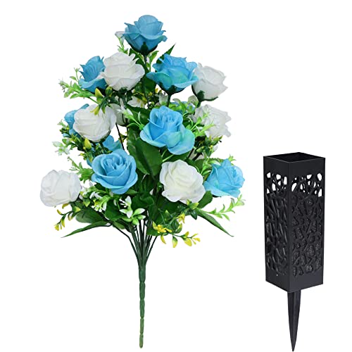 LVXINLI 2 Sets Artificial Cemetery Flowers,Memorial Flowers,Beautiful Arrangements for Headstones,Black Plastic vase with Drainage Hole Long Spikes Outdoor Memorials (Blue and White)… - color: Blue and White