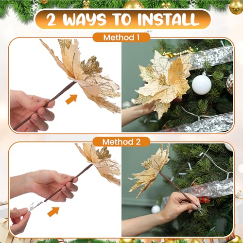 Deekin 12 Pcs 8.5 Inch Poinsettia Artificial Christmas Large Flower with Clips and 4.72 Inch Floral Picks Christmas Tree Decoration Fake Poinsettias Ornaments DIY Xmas Wreath Party Decor(Gold)